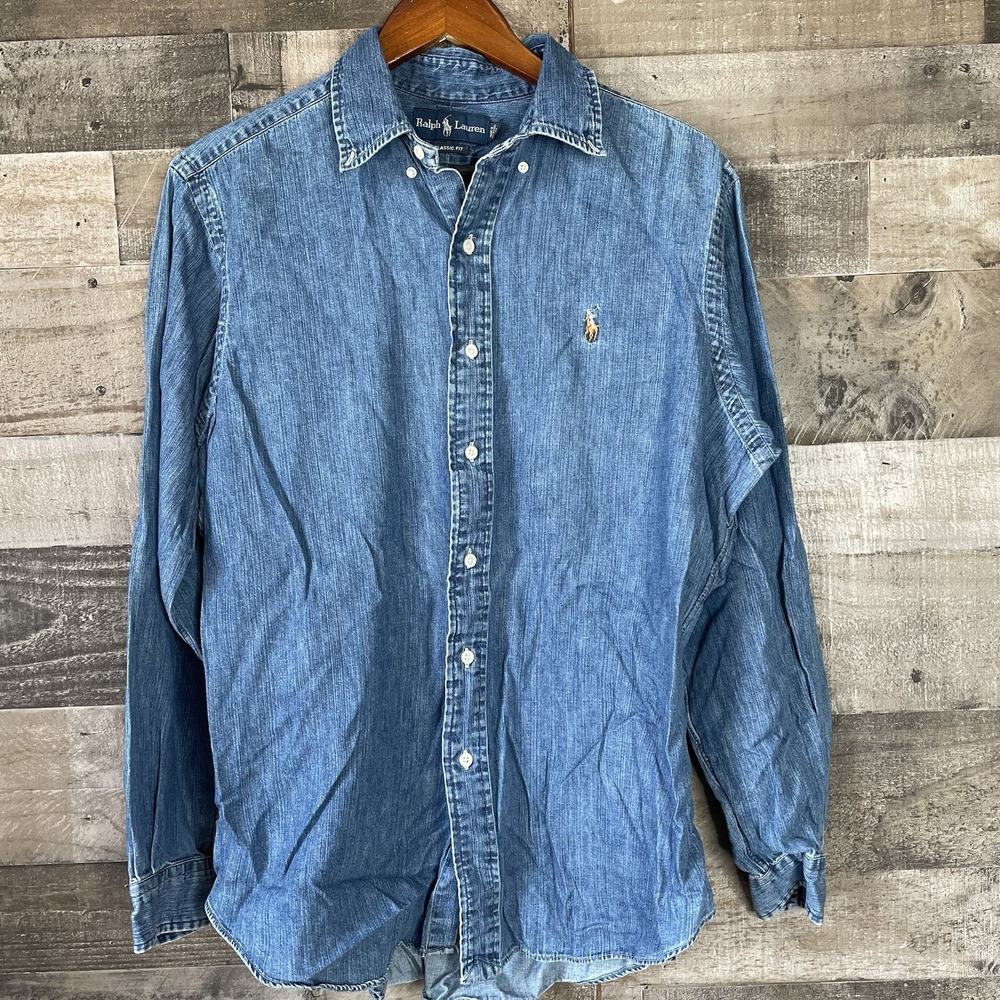 Vtg Polo Ralph Lauren Mens Classic Fit Blue Denim Button Down Shirt Size L Y2K